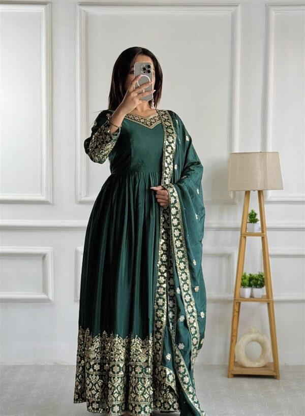 Buy Pure Cinon Silk Embroidered Gown with Pant and Dupatta - Image 2