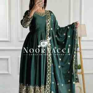 Pure Cinon Silk Embroidered Gown with Pant and Dupatta
