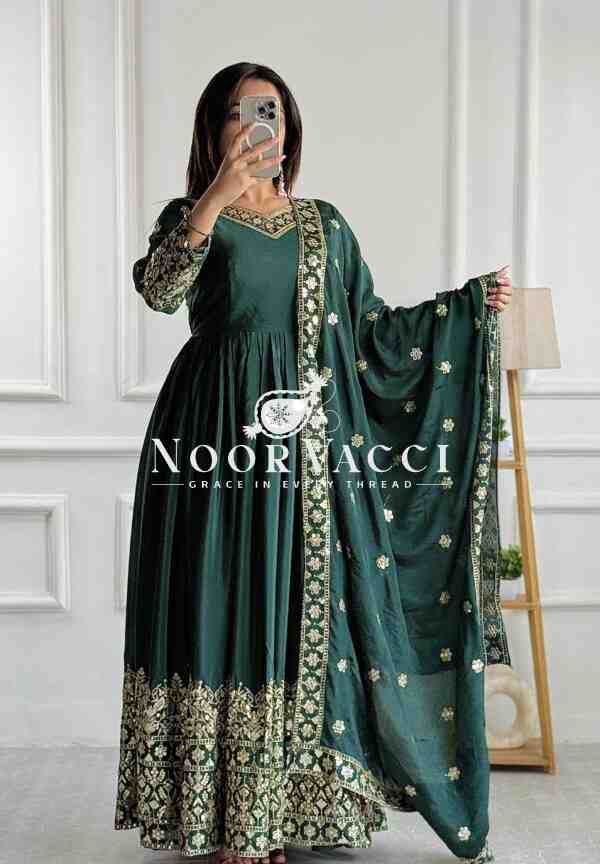 Pure Cinon Silk Embroidered Gown with Pant and Dupatta