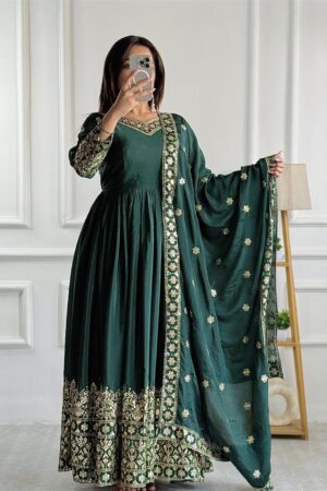 Buy Pure Cinon Silk Embroidered Gown with Pant and Dupatta