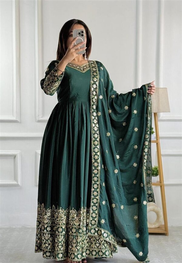 Buy Pure Cinon Silk Embroidered Gown with Pant and Dupatta