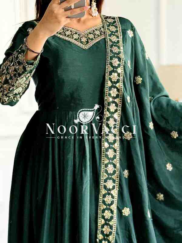 Pure Cinon Silk Embroidered Gown with Pant and Dupatta - Image 3