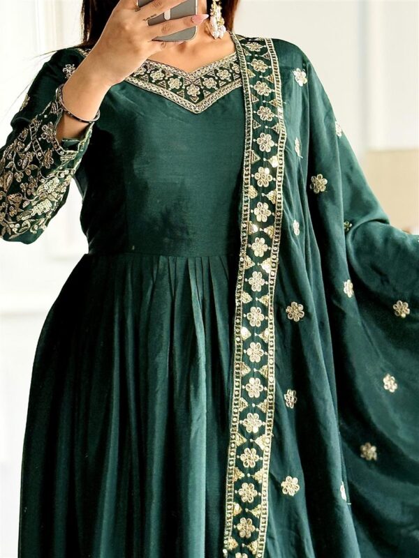 Buy Pure Cinon Silk Embroidered Gown with Pant and Dupatta - Image 3