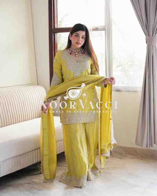 Chinon Silk Embroidered Gharara Set with Rivet Moti Work - Image 2