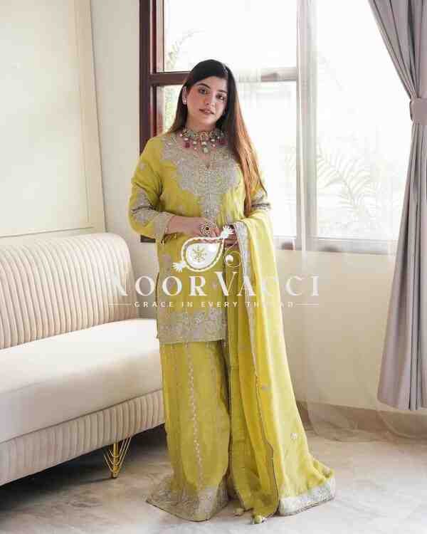 Chinon Silk Embroidered Gharara Set with Rivet Moti Work - Image 3