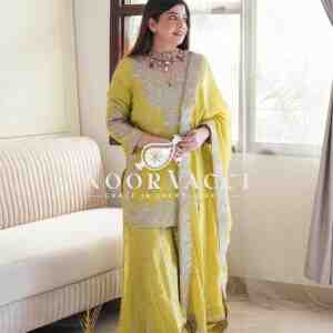 Chinon Silk Embroidered Gharara Set with Rivet Moti Work