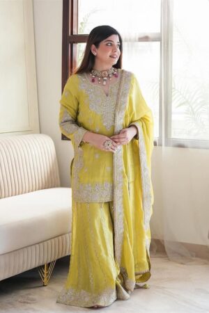 Buy Chinon Silk Embroidered Gharara Set with Rivet Moti Work
