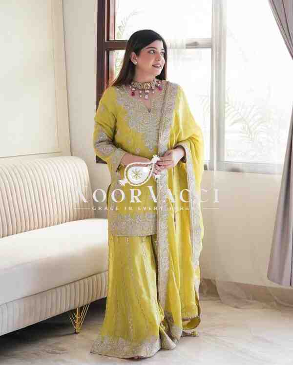 Chinon Silk Embroidered Gharara Set with Rivet Moti Work