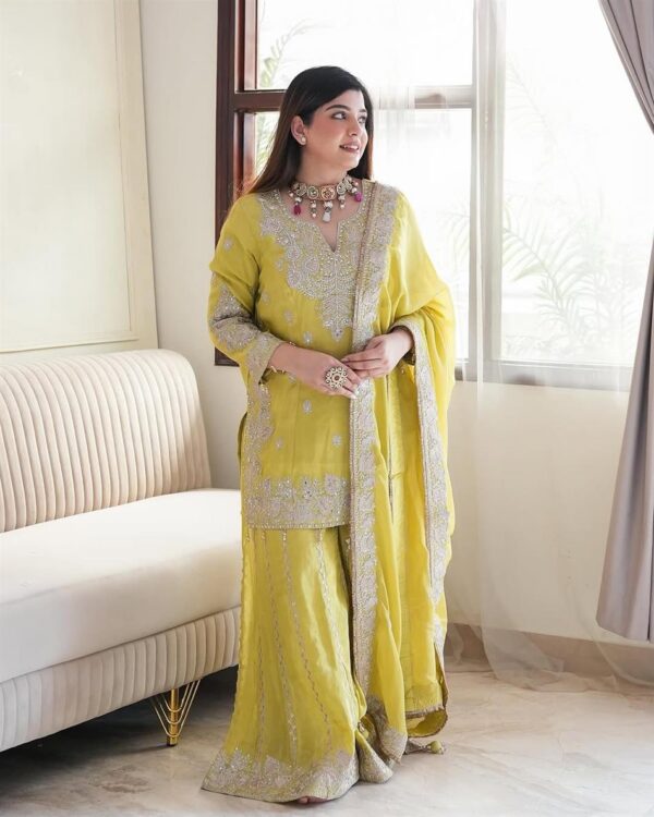 Buy Chinon Silk Embroidered Gharara Set with Rivet Moti Work