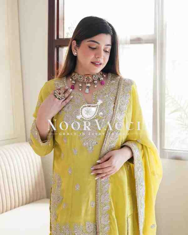 Chinon Silk Embroidered Gharara Set with Rivet Moti Work - Image 5