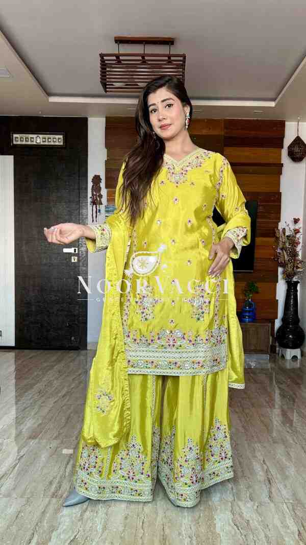 Pure Cinon Silk Top with Sarara and Dupatta Set Fully Stitched Ready To Wear - Image 3