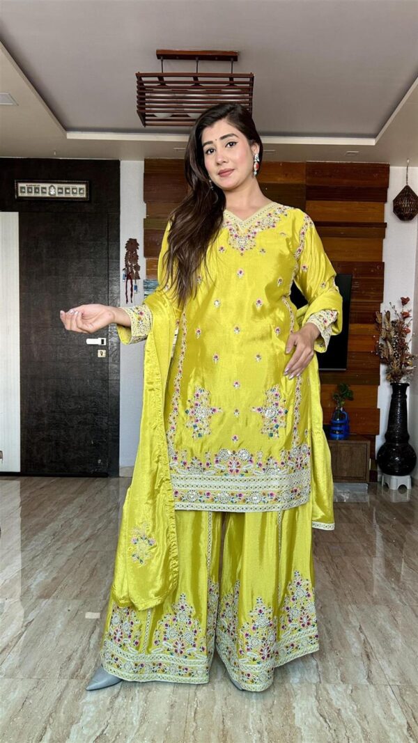 Shop Pure Cinon Silk Top with Sarara and Dupatta Set Fully Stitched Ready To Wear - Image 3