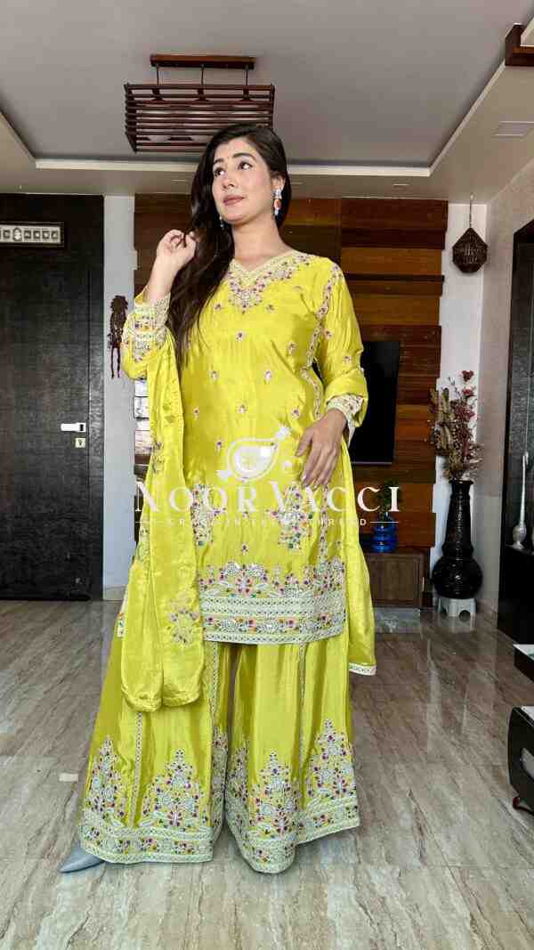 Pure Cinon Silk Top with Sarara and Dupatta Set Fully Stitched Ready To Wear - Image 4