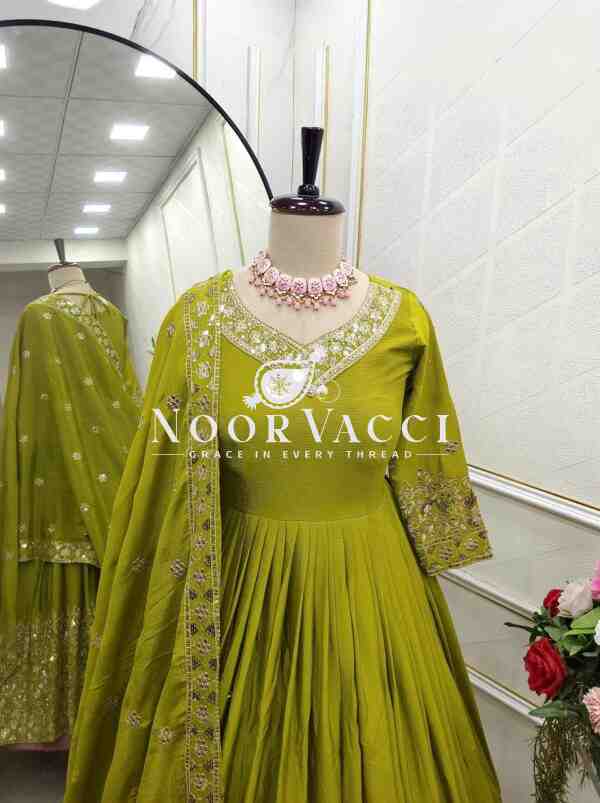Pure Cinon Silk Gown with Bottom and Dupatta Set Fully Stitched Ready To Wear - Image 10