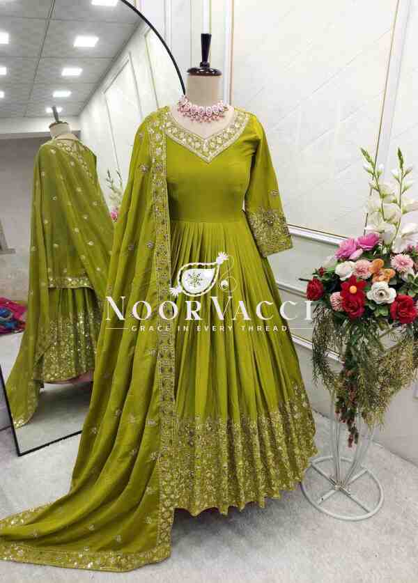 Pure Cinon Silk Gown with Bottom and Dupatta Set Fully Stitched Ready To Wear - Image 7