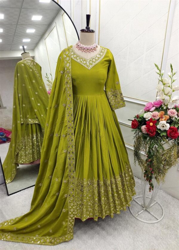 Buy Pure Cinon Silk Gown with Bottom and Dupatta Set Fully Stitched Ready To Wear - Image 7