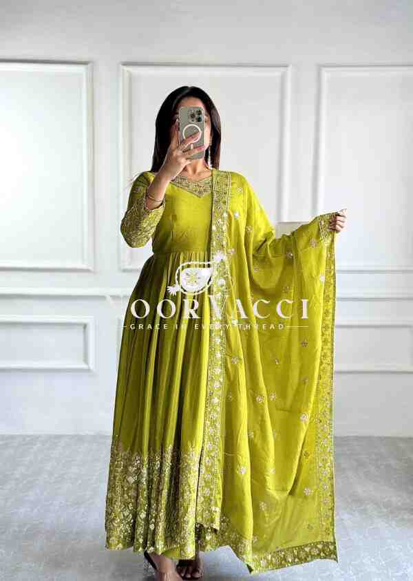 Pure Cinon Silk Gown with Bottom and Dupatta Set Fully Stitched Ready To Wear - Image 3