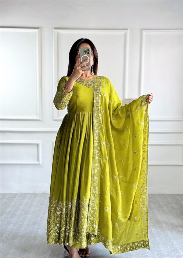 Buy Pure Cinon Silk Gown with Bottom and Dupatta Set Fully Stitched Ready To Wear - Image 3