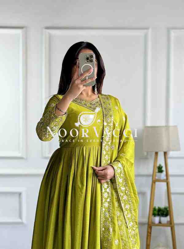 Pure Cinon Silk Gown with Bottom and Dupatta Set Fully Stitched Ready To Wear - Image 2
