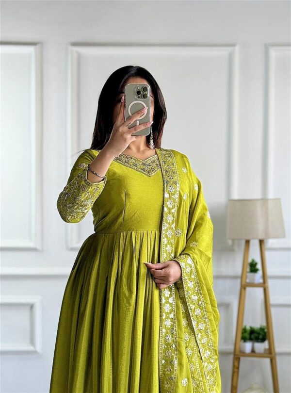 Buy Pure Cinon Silk Gown with Bottom and Dupatta Set Fully Stitched Ready To Wear - Image 2