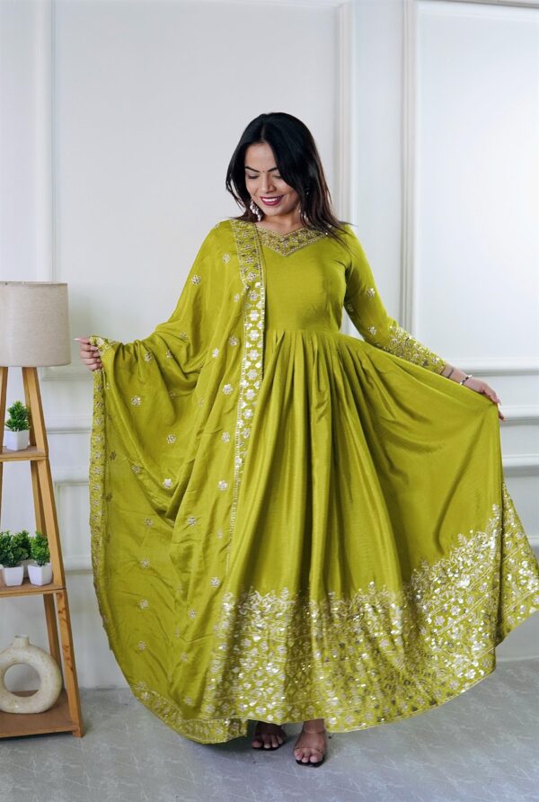 Pure Cinon Silk Gown with Bottom and Dupatta Set Fully Stitched Ready To Wear