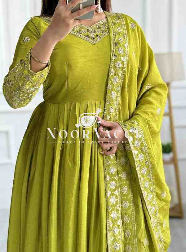 Pure Cinon Silk Gown with Bottom and Dupatta Set Fully Stitched Ready To Wear - Image 4