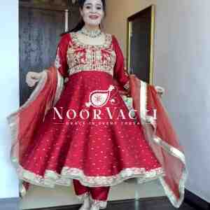 Pur Chinon Silk Embroidered Anarkali Gown, Dupatta & Pent Plazzo Set