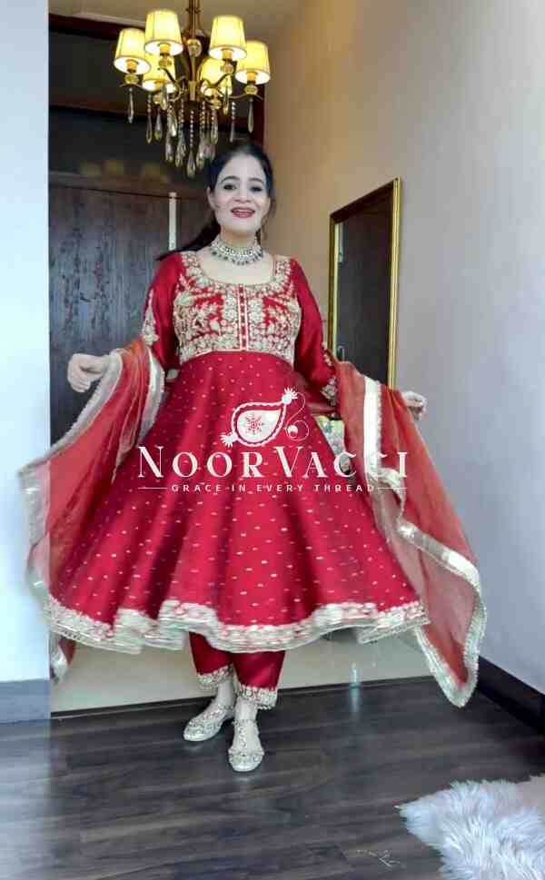 Pur Chinon Silk Embroidered Anarkali Gown, Dupatta & Pent Plazzo Set