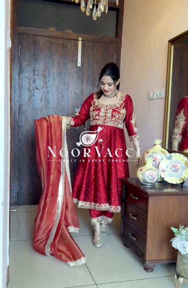 Buy Pur Chinon Silk Embroidered Anarkali Gown, Dupatta & Pent Plazzo Set - Image 4
