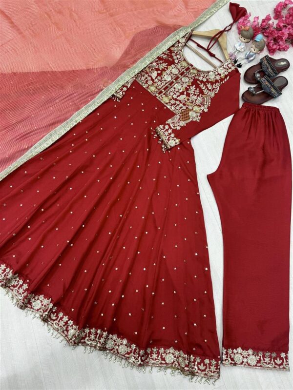 Buy Pur Chinon Silk Embroidered Anarkali Gown, Dupatta & Pent Plazzo Set - Image 6