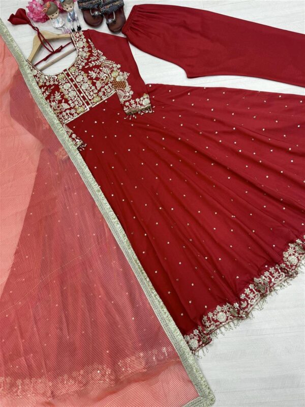 Buy Pur Chinon Silk Embroidered Anarkali Gown, Dupatta & Pent Plazzo Set - Image 8