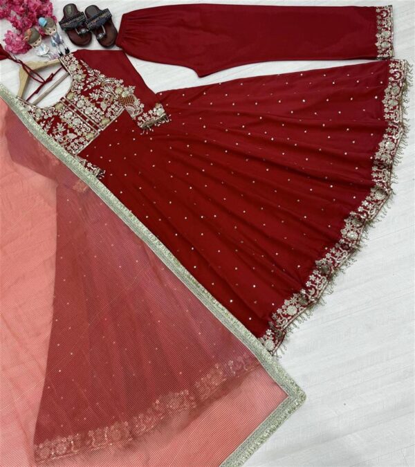 Buy Pur Chinon Silk Embroidered Anarkali Gown, Dupatta & Pent Plazzo Set - Image 7