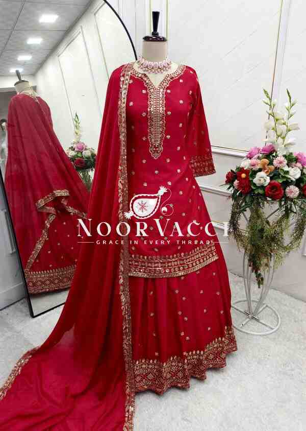 Pure Cinon Silk Embroidered Top with Lehenga and Dupatta Set Fully Stitched Ready To Wear
