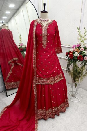 Shop Pure Cinon Silk Embroidered Top with Lehenga and Dupatta Set Fully Stitched Ready To Wear