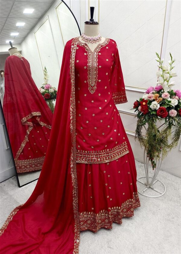 Shop Pure Cinon Silk Embroidered Top with Lehenga and Dupatta Set Fully Stitched Ready To Wear