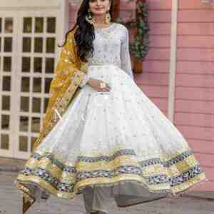 Heavy Faux Georgette Embroidered Gown, Dupatta & Bottom Set – Party Wear