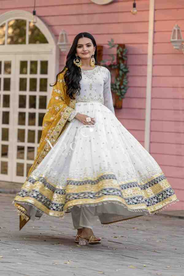 Heavy Faux Georgette Embroidered Gown, Dupatta & Bottom Set – Party Wear