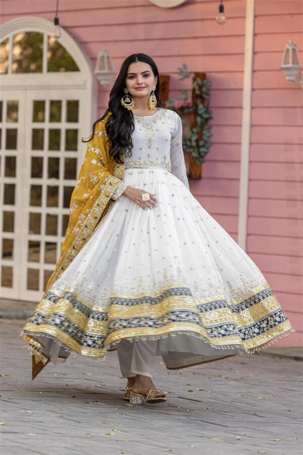 Shop Heavy Faux Georgette Embroidered Gown, Dupatta & Bottom Set – Party Wear