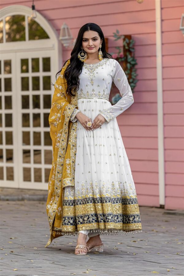 Shop Heavy Faux Georgette Embroidered Gown, Dupatta & Bottom Set – Party Wear - Image 2