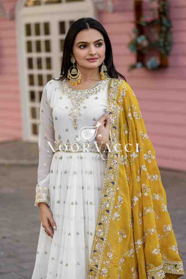 Heavy Faux Georgette Embroidered Gown, Dupatta & Bottom Set – Party Wear - Image 3