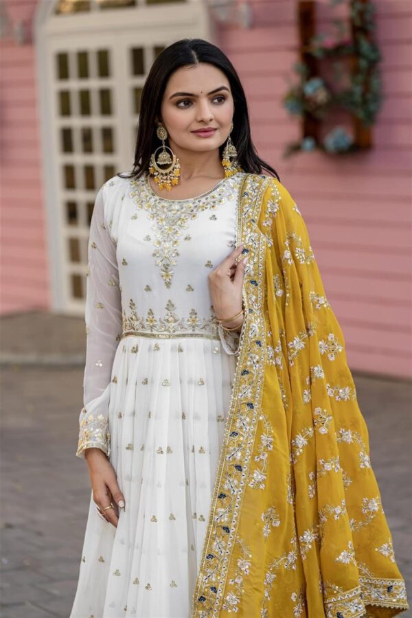 Shop Heavy Faux Georgette Embroidered Gown, Dupatta & Bottom Set – Party Wear - Image 3