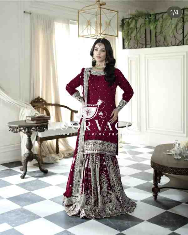 Faux Georgette Embroidered Gharara Set with Rivet Moti Detailing - Image 2