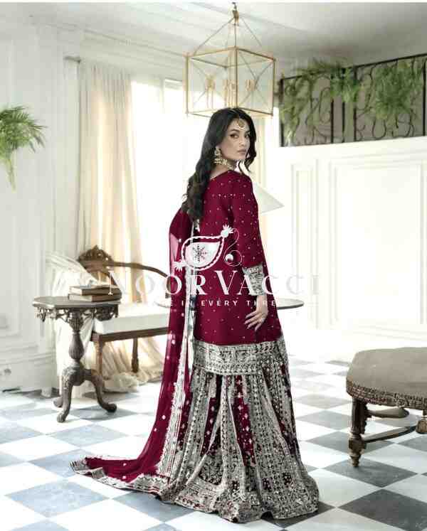 Faux Georgette Embroidered Gharara Set with Rivet Moti Detailing - Image 3