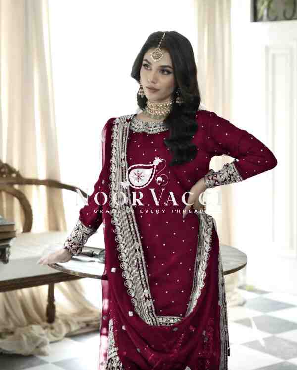 Faux Georgette Embroidered Gharara Set with Rivet Moti Detailing - Image 5