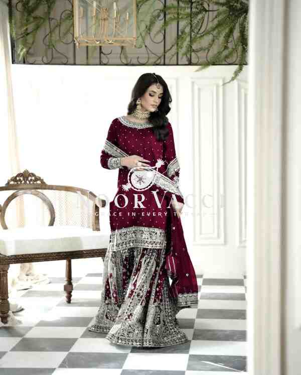 Faux Georgette Embroidered Gharara Set with Rivet Moti Detailing - Image 6