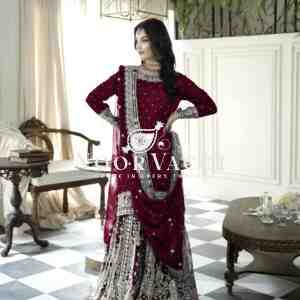 Faux Georgette Embroidered Gharara Set with Rivet Moti Detailing