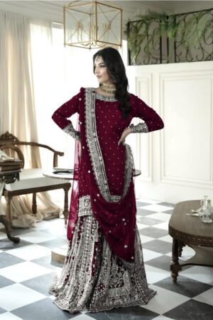 Buy Faux Georgette Embroidered Gharara Set with Rivet Moti Detailing