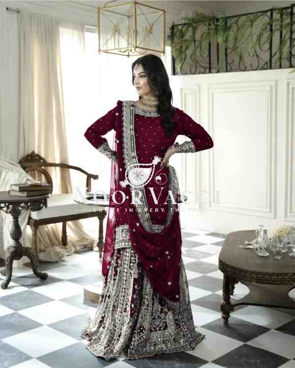 Faux Georgette Embroidered Gharara Set with Rivet Moti Detailing