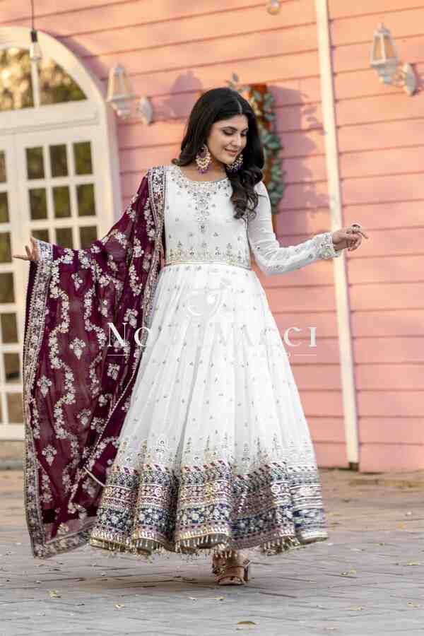 Heavy Faux Georgette Embroidered Gown, Dupatta & Bottom Set – Party Wear