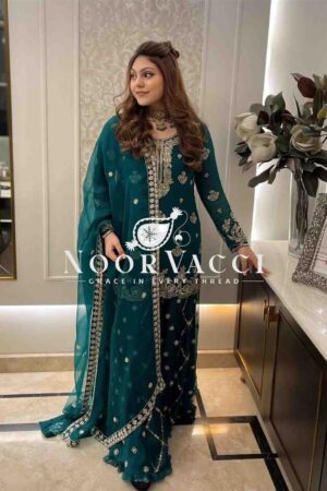 Shop Pure Fox Georgette Embroidered Top with Sarara and Dupatta Set Fully Stitched Ready To Wear